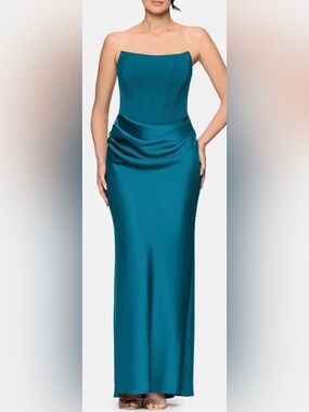 NWOT Betsy & Adam strapless mixed media Teal gown Sz 14